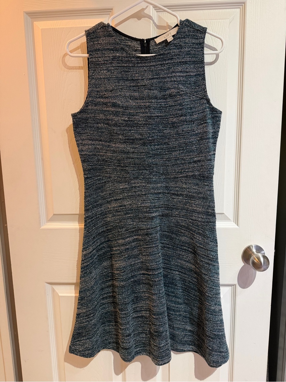 LOFT Sleeveless Heathered Navy and Gray Fit-and-Flare Dress